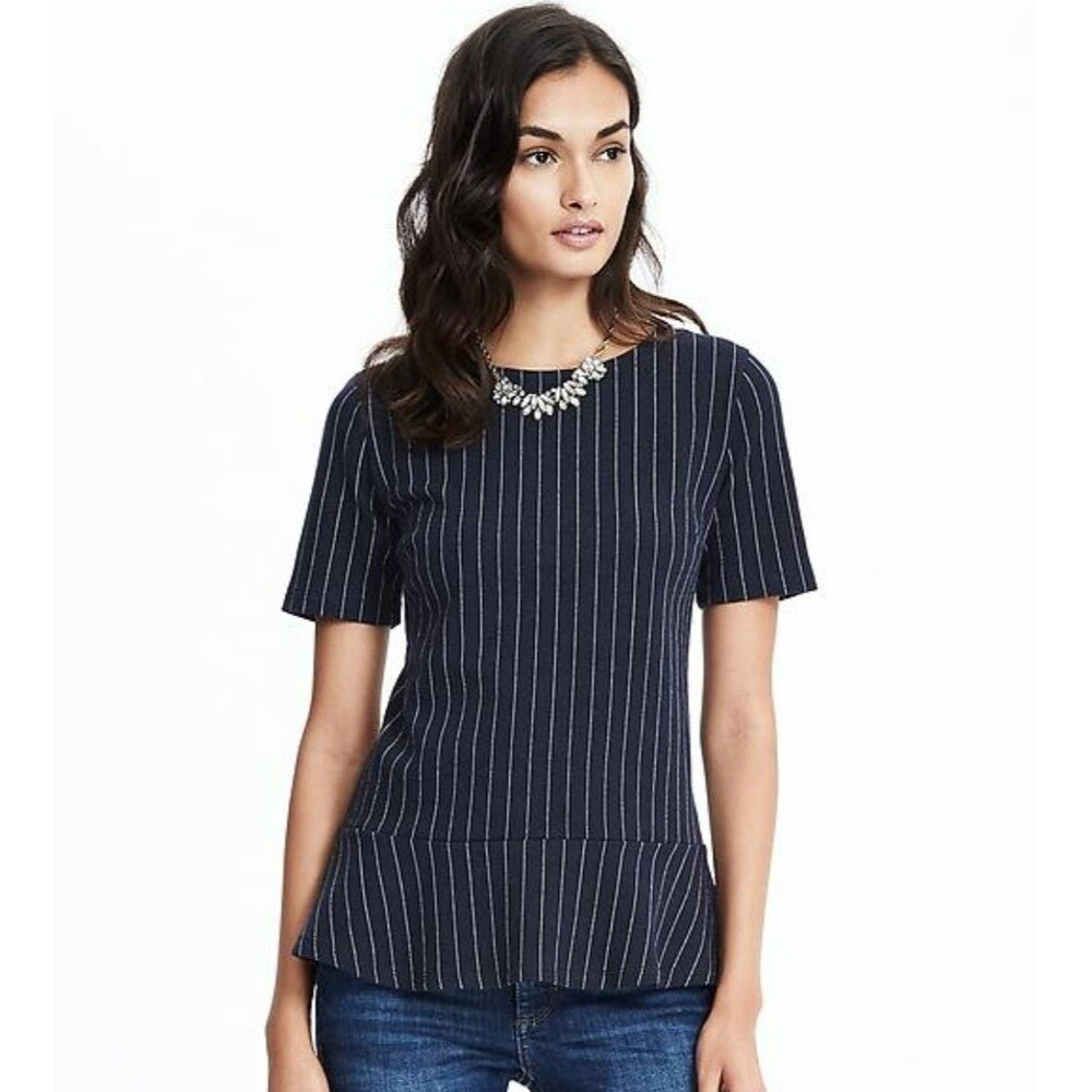 Banana Republic Pinstripe Ruffle Peplum Top Small Womens Short Sleeve Zipper